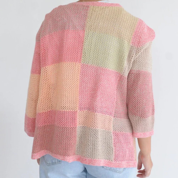 Vintage Christopher & Banks Pink Tan Fishnet Knit Button Up Cardigan Sweater 1X - Picture 3 of 10